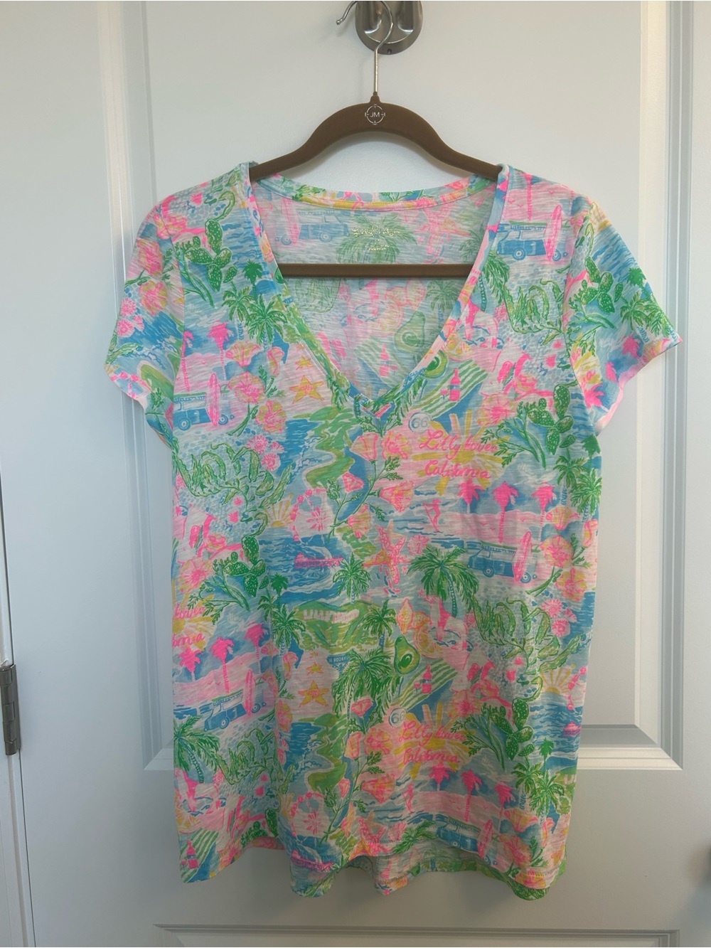 Lilly Pulitzer Tropical Palm Print V-Neck Coverup Tee in Pink, Green, Blue